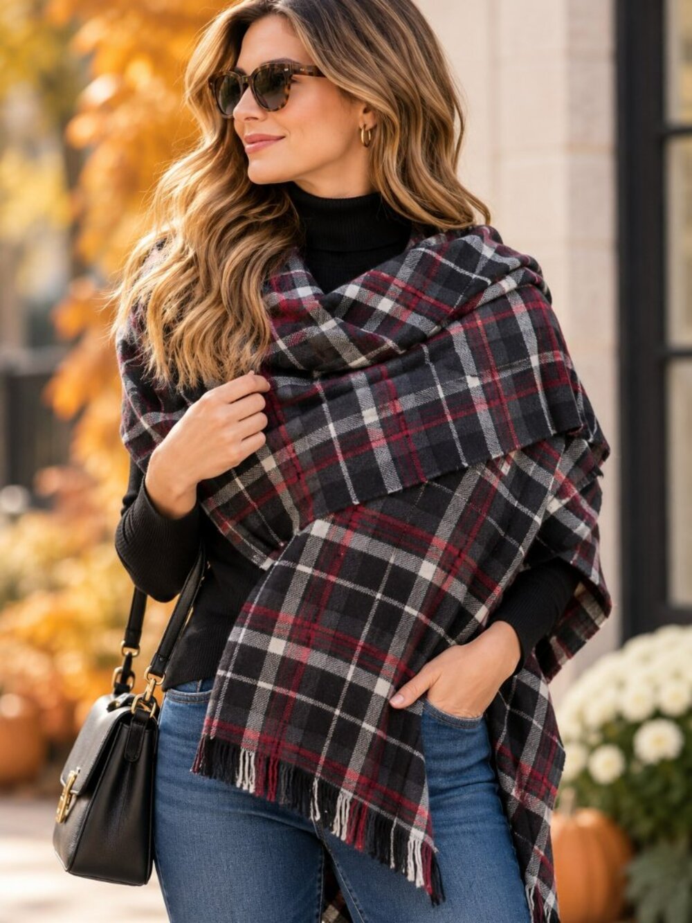 J.Crew 100% Wool Plaid Scarf Black Red Gray Fringe 70" Like New